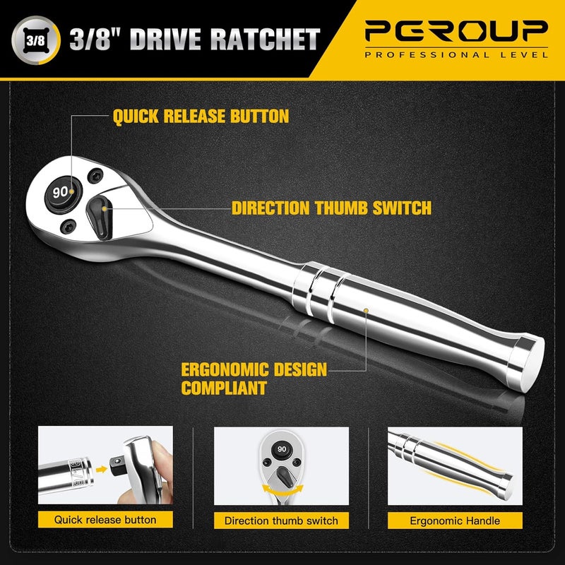 pgroup 3/8-Inch Drive Ratchet Wrench, 90-Tooth Quick-release Reversible Ratchet Wrench with an Extension Bar(3 inch), 6" Long Socket wrench, 4-Degree Swing, Full Polished,Cr-Mo Head For Gifting,Repairing - Image 5